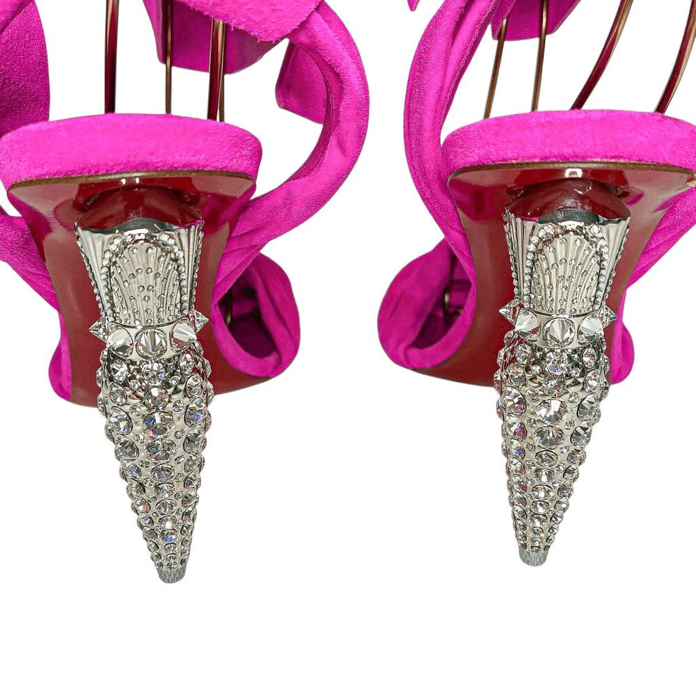 Christian Louboutin Lipqueen Pink Suede Crystal Heel Sandals EU 37 Ankle Wrap - Picture 8 of 10